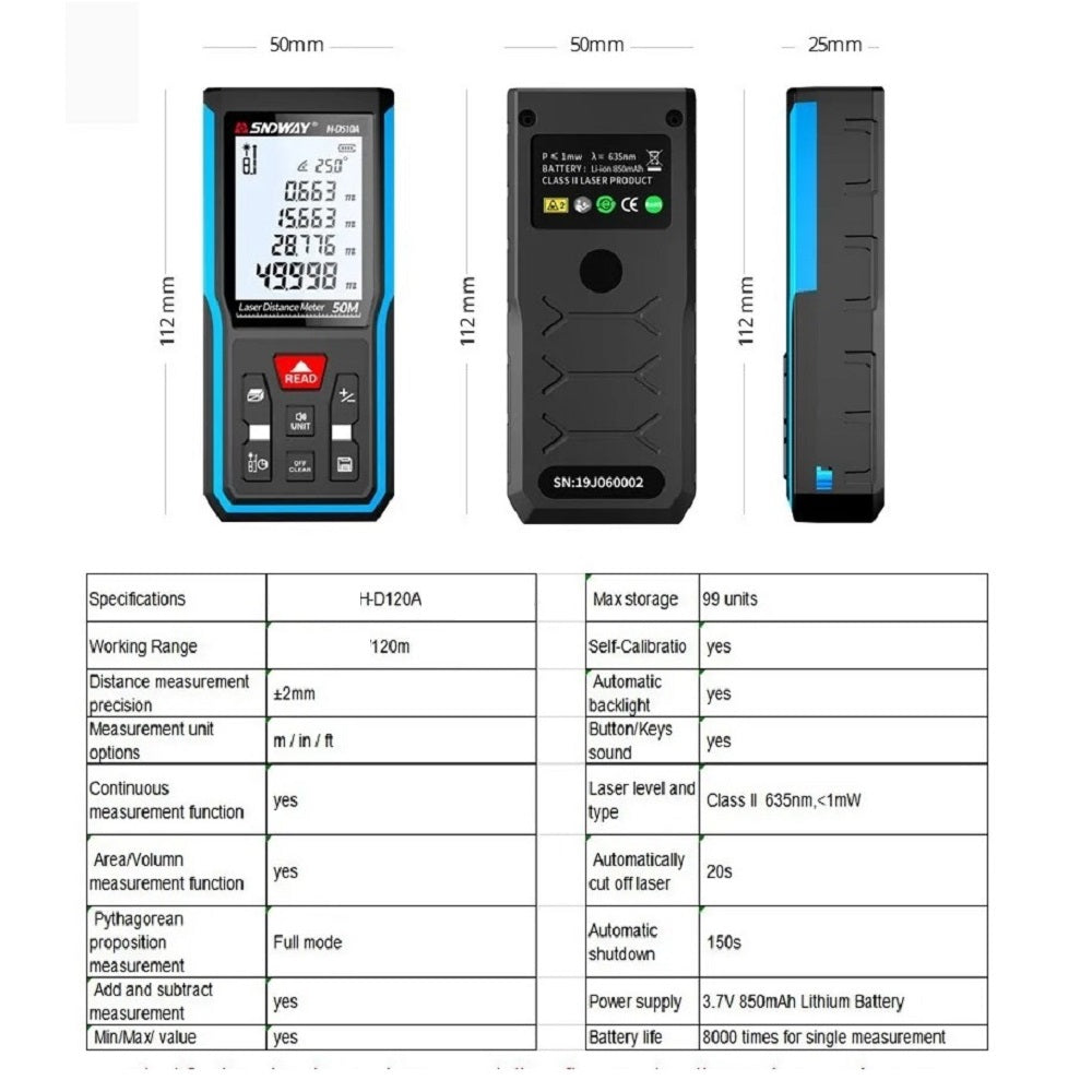 Medidor De Distancia Laser 120m con Nivel Digital H-D120A SNDWAY