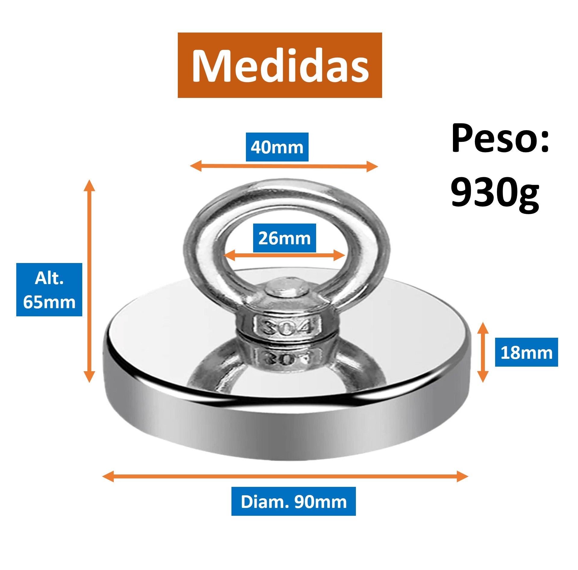 Iman de Neodimio 90mm Pesca G° N52 330kg Carga Axial Nominal