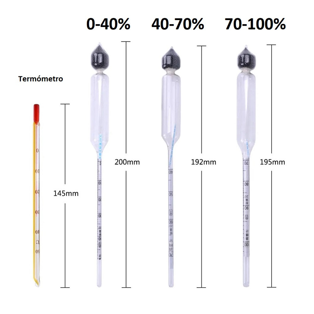 Alcoholímetro 4pz 100% Medidor Alcohol Hidrómetro Densímetro