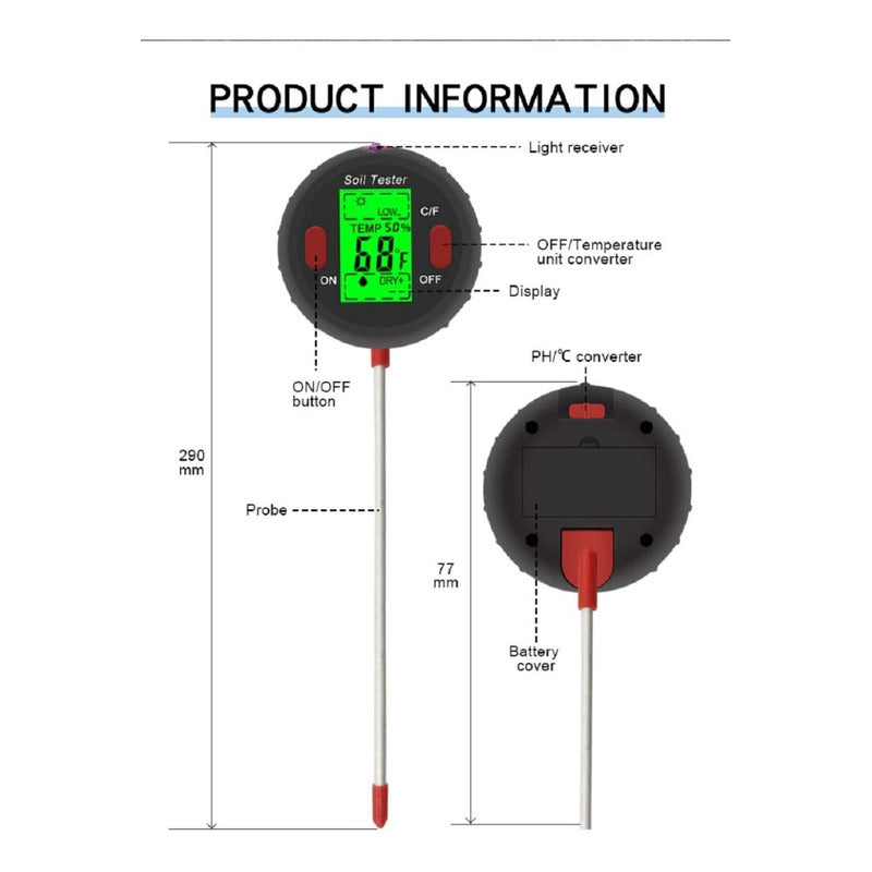 Medidor De Suelo 5 En 1 Ph, Inten. Solar, Temp, Humedad